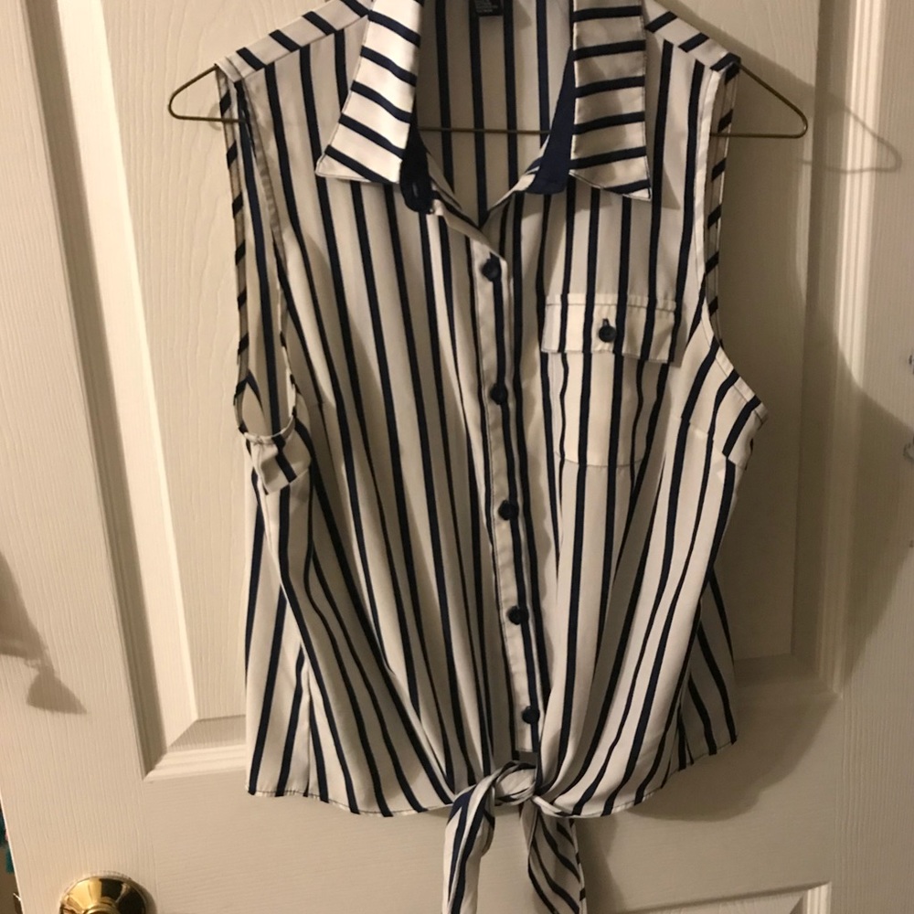 Striped button up tank top with tie at the bottom